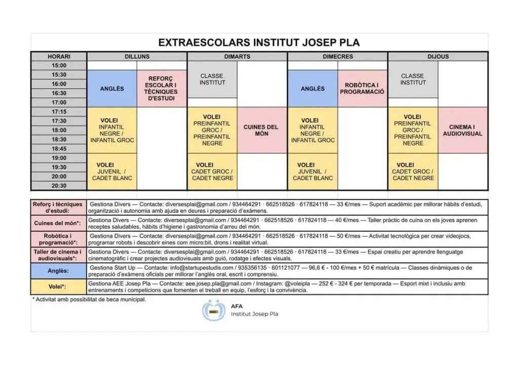 HORARIS EXTRAESCOLARS IES JOSEP PLA 2026-2027